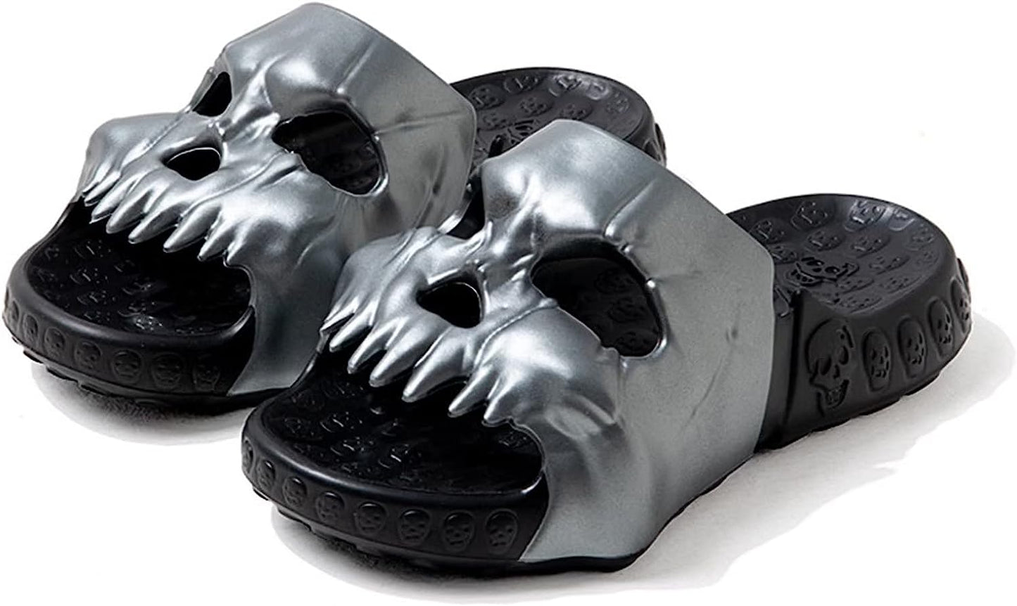 THATLILSHOP 8-8.5 Women/6.5-7 Men / Black Silver Skull Cloud Slippers