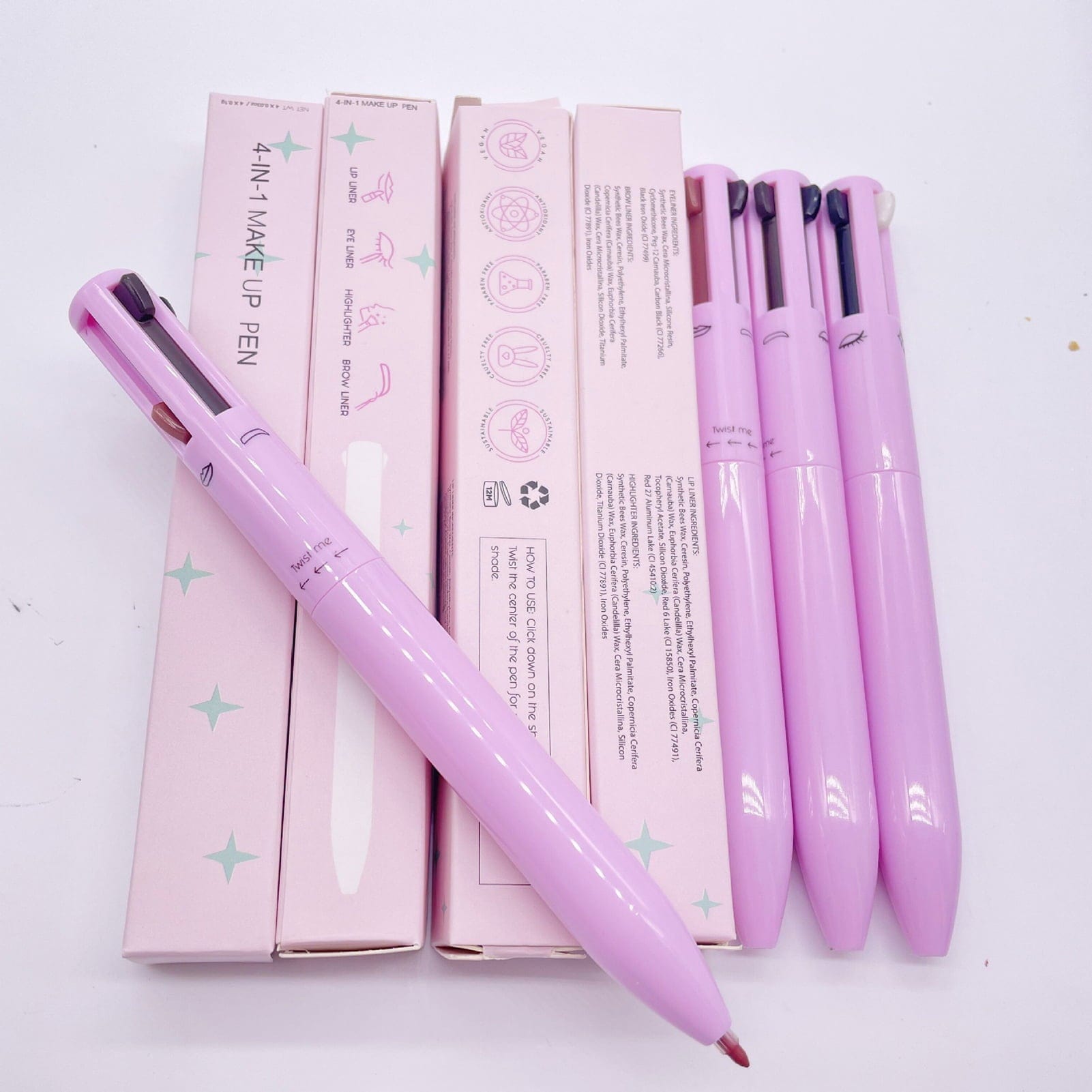 THATLILSHOP pink Mairbeon Waterproof Mild Texture Non-irritating Makeup Pen 4 in 1 Eyebrow Eyeliner Highlighter Pencil Lip Gloss Beauty Tools